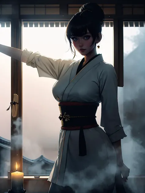 (best quality, masterpiece), 1girl, katana, samurai, looking at viewer, high ponytail,   <lora:sciamano240:0.8> sciamano240 <lora:backlight_slider_v10:-2>, dark, lit candle, fog,  KokoaAisu