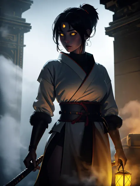 (best quality, masterpiece), 1girl, holding polearm, samurai, looking at viewer, high ponytail, <lora:sciamano240:0.8> sciamano240 <lora:backlight_slider_v10:-3>, dark, paper lantern, fog, KokoaAisu, furrowed brow, glowing eyes, yellow eyes, furrowed brow, serious,