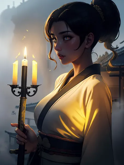 (best quality, masterpiece), 1girl, katana, samurai, looking at viewer, high ponytail, <lora:sciamano240:0.8> sciamano240 <lora:backlight_slider_v10:-2>, dark, lit candle, fog, KokoaAisu, furrowed brow, glowing eyes, yellow eyes, furrowed brow,
