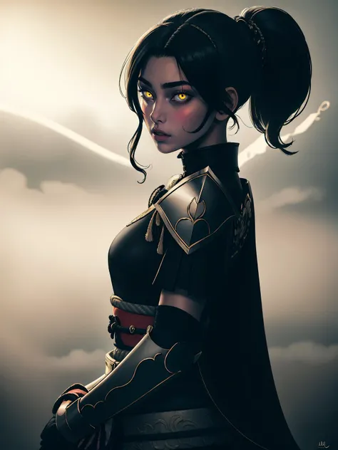(best quality, masterpiece), 1girl, holding polearm, samurai, shoulder armor, looking at viewer, high ponytail, <lora:sciamano240:0.8> sciamano240 <lora:backlight_slider_v10:-1.5>, dark, fog, KokoaAisu, furrowed brow, glowing eyes, yellow eyes, furrowed brow, serious, parted lips,