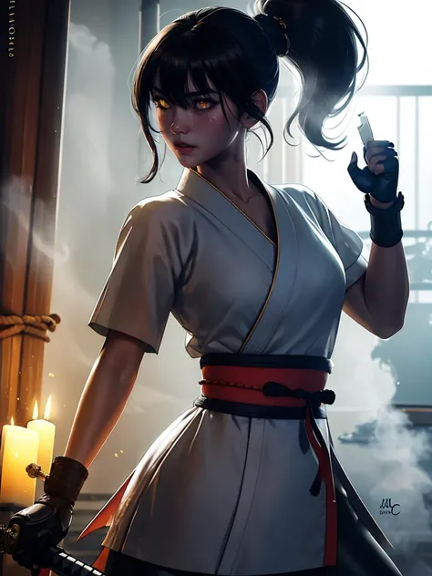 (best quality, masterpiece), 1girl, katana, samurai, looking at viewer, high ponytail,   <lora:sciamano240:0.8> sciamano240 <lora:backlight_slider_v10:-2>, dark, lit candle, fog,  KokoaAisu, furrowed brow, glowing eyes, yellow eyes, furrowed brow, fighting stance, holding sword,