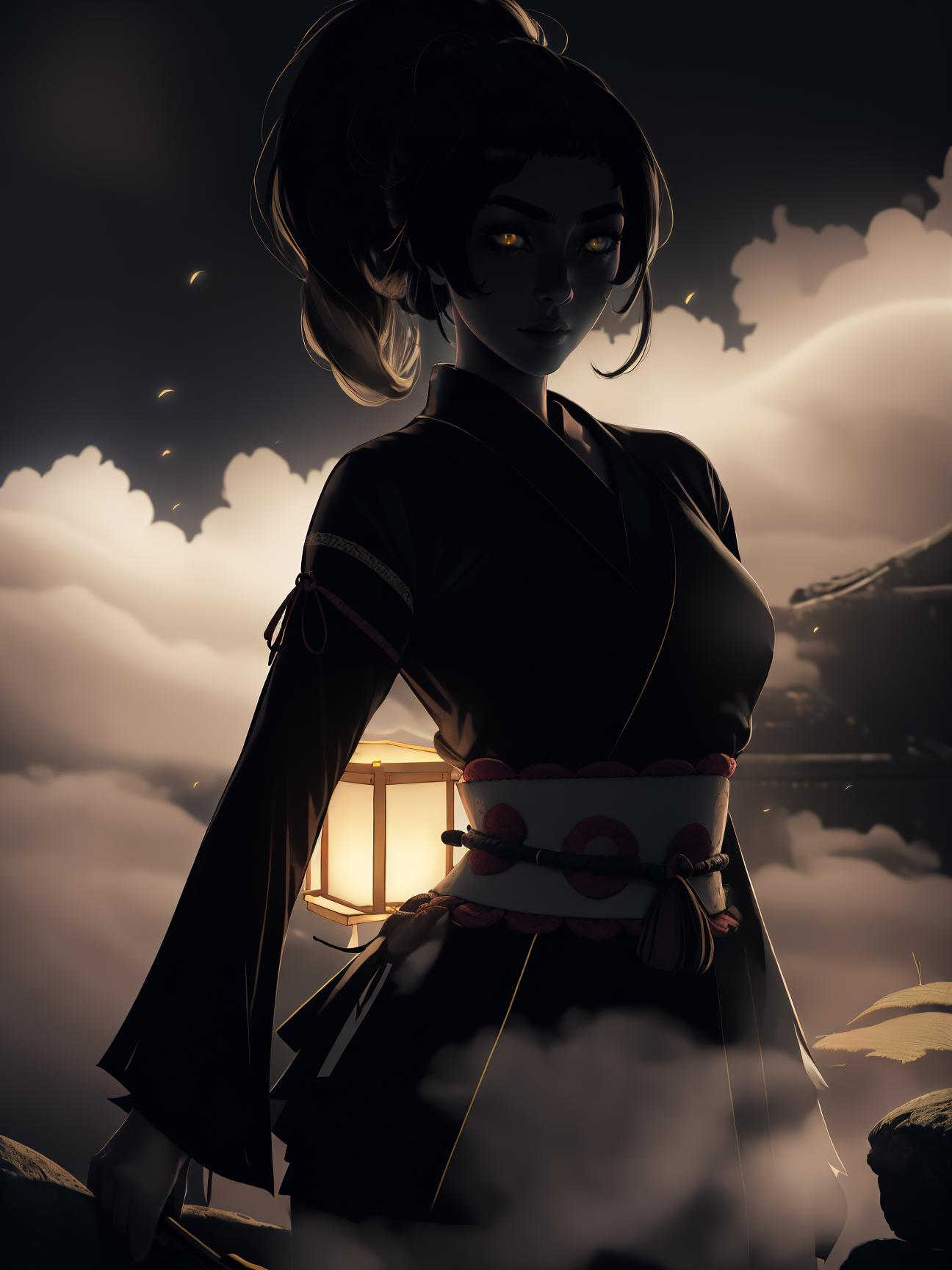 A woman in a black outfit holding a lantern in the sky - SeaArt AI