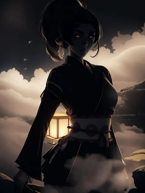 (best quality, masterpiece), 1girl, holding polearm, samurai, looking at viewer, high ponytail,   <lora:sciamano240:0.8> sciamano240 <lora:backlight_slider_v10:-3>, dark, paper lantern, fog,  KokoaAisu, furrowed brow, glowing eyes, yellow eyes, furrowed brow, serious, parted lips, pyrokinesis,