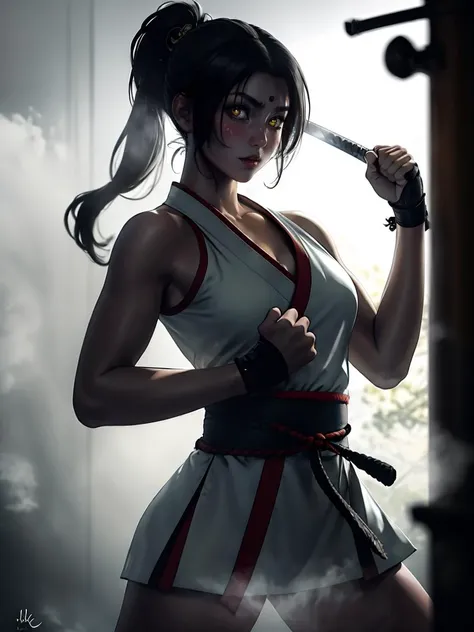 (best quality, masterpiece), 1girl, katana, samurai, looking at viewer, high ponytail,   <lora:sciamano240:0.8> sciamano240 <lora:backlight_slider_v10:-2>, dark, lit candle, fog,  KokoaAisu, furrowed brow, glowing eyes, yellow eyes, furrowed brow, fighting stance, holding sword,