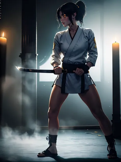 (best quality, masterpiece), 1girl, katana, samurai, looking at viewer, high ponytail,   <lora:sciamano240:0.8> sciamano240 <lora:backlight_slider_v10:-2>, dark, lit candle, fog,  KokoaAisu, furrowed brow, glowing eyes, yellow eyes, furrowed brow, fighting stance, holding sword,