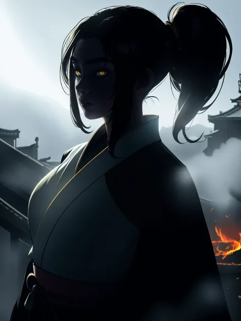 (best quality, masterpiece), 1girl, holding polearm, samurai, looking at viewer, high ponytail, <lora:sciamano240:0.8> sciamano240 <lora:backlight_slider_v10:-3>, dark, fog, KokoaAisu, furrowed brow, glowing eyes, yellow eyes, furrowed brow, serious, parted lips, pyrokinesis,