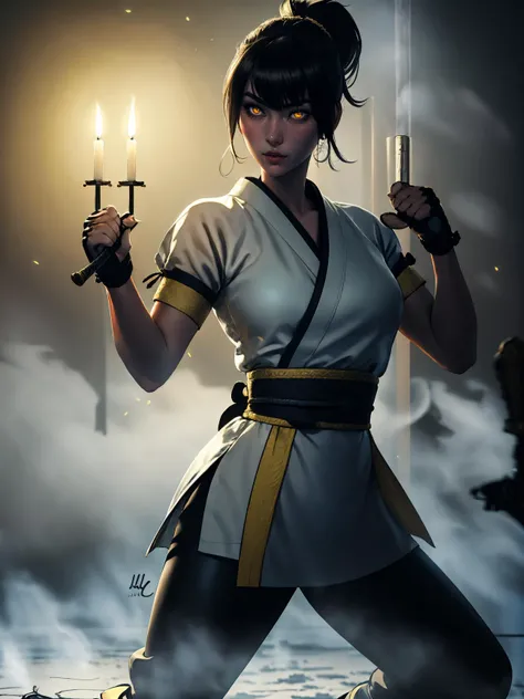 (best quality, masterpiece), 1girl, katana, samurai, looking at viewer, high ponytail,   <lora:sciamano240:0.8> sciamano240 <lora:backlight_slider_v10:-2>, dark, lit candle, fog,  KokoaAisu, furrowed brow, glowing eyes, yellow eyes, furrowed brow, fighting stance, holding sword,