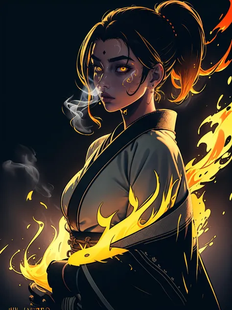 (best quality, masterpiece), 1girl, holding polearm, samurai, looking at viewer, high ponytail, <lora:sciamano240:0.8> sciamano240 <lora:backlight_slider_v10:-1.5>, fog, fiery background, smoke, night, KokoaAisu, furrowed brow, glowing eyes, yellow eyes, furrowed brow, serious, parted lips,