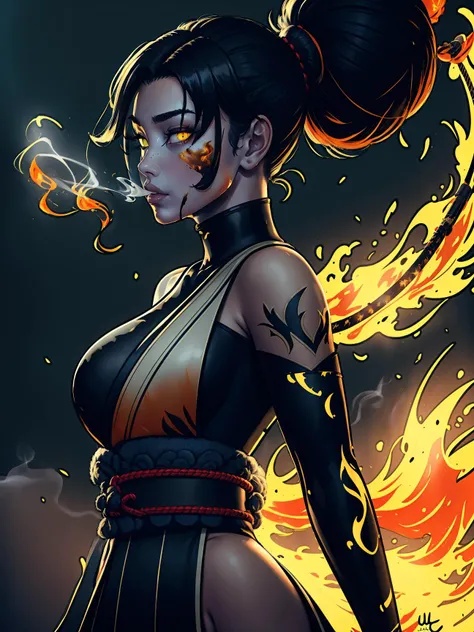 (best quality, masterpiece), 1girl, holding polearm, samurai,   looking at viewer, high ponytail,   <lora:sciamano240:0.8> sciamano240 <lora:backlight_slider_v10:-1.5>, fog, fiery background, smoke, night,   KokoaAisu, furrowed brow, glowing eyes, yellow eyes, furrowed brow, serious, parted lips,