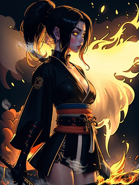 (best quality, masterpiece), 1girl, holding polearm, samurai, looking at viewer, high ponytail, <lora:sciamano240:0.8> sciamano240 <lora:backlight_slider_v10:-1.5>, fog, fiery background, smoke, night, KokoaAisu, furrowed brow, glowing eyes, yellow eyes, furrowed brow, serious, parted lips,