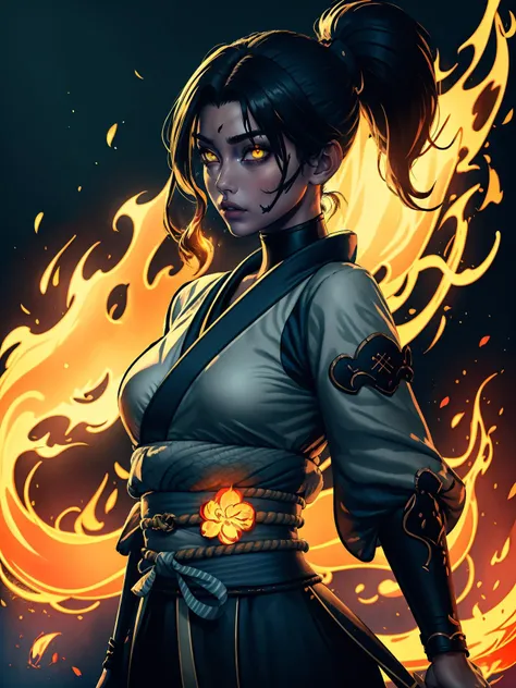 (best quality, masterpiece), 1girl, holding polearm, samurai, looking at viewer, high ponytail, <lora:sciamano240:0.8> sciamano240 <lora:backlight_slider_v10:-1.5>, fog, fiery background, smoke, night, KokoaAisu, furrowed brow, glowing eyes, yellow eyes, furrowed brow, serious, parted lips,