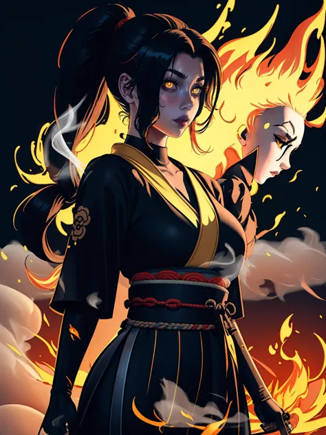 (best quality, masterpiece), 1girl, holding polearm, samurai, looking at viewer, high ponytail, <lora:sciamano240:0.8> sciamano240 <lora:backlight_slider_v10:-1.5>, fog, fiery background, smoke, night, KokoaAisu, furrowed brow, glowing eyes, yellow eyes, furrowed brow, serious, parted lips,