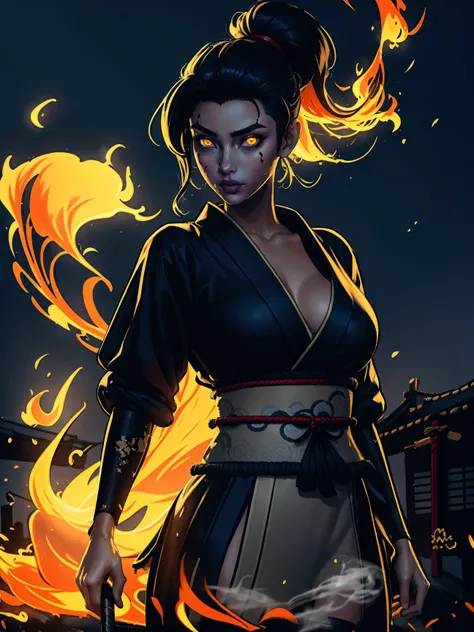 (best quality, masterpiece), 1girl, holding polearm, samurai, looking at viewer, high ponytail, <lora:sciamano240:0.8> sciamano240 <lora:backlight_slider_v10:-1.5>, fog, fiery background, smoke, night, KokoaAisu, furrowed brow, glowing eyes, yellow eyes, furrowed brow, serious, parted lips,