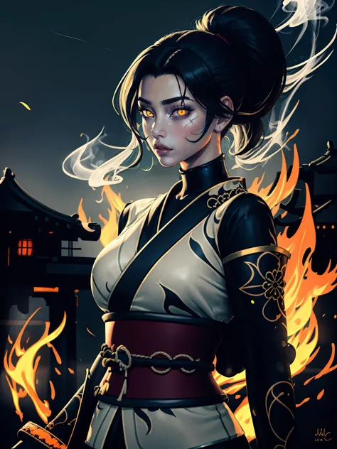 (best quality, masterpiece), 1girl, holding polearm, samurai, looking at viewer, high ponytail, <lora:sciamano240:0.8> sciamano240 <lora:backlight_slider_v10:-1.5>, fog, fiery background, smoke, night, KokoaAisu, furrowed brow, glowing eyes, yellow eyes, furrowed brow, serious, parted lips,