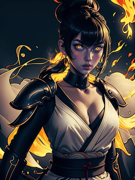 (best quality, masterpiece), 1girl, holding polearm, samurai, shoulder armor, looking at viewer, high ponytail, <lora:sciamano240:0.8> sciamano240 <lora:backlight_slider_v10:-1.5>, fog, fiery background, smoke, night, KokoaAisu, furrowed brow, glowing eyes, yellow eyes, furrowed brow, serious, parted lips,