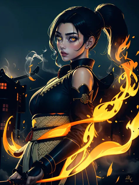 (best quality, masterpiece), 1girl, holding polearm, samurai, looking at viewer, high ponytail, <lora:sciamano240:0.8> sciamano240 <lora:backlight_slider_v10:-1.5>, fog, fiery background, smoke, night, KokoaAisu, furrowed brow, glowing eyes, yellow eyes, furrowed brow, serious, parted lips,