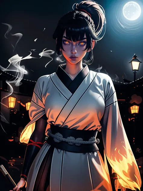 (best quality, masterpiece), 1girl, holding polearm, samurai, looking at viewer, high ponytail, <lora:sciamano240:0.8> sciamano240 <lora:backlight_slider_v10:-1.5>, fog, fiery background, smoke, night, KokoaAisu, furrowed brow, glowing eyes, yellow eyes, furrowed brow, serious, parted lips,