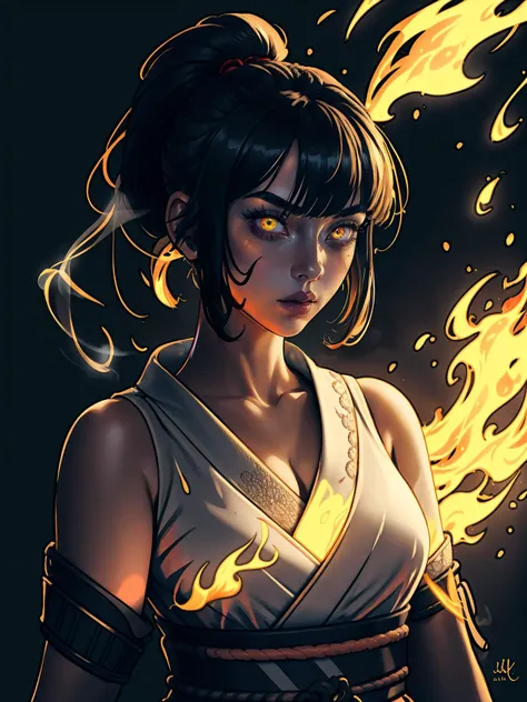 (best quality, masterpiece), 1girl, holding polearm, samurai, looking at viewer, high ponytail, <lora:sciamano240:0.8> sciamano240 <lora:backlight_slider_v10:-1.5>, fog, fiery background, smoke, night, KokoaAisu, furrowed brow, glowing eyes, yellow eyes, furrowed brow, serious, parted lips,