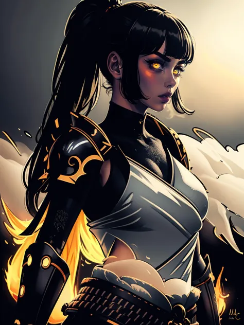 (best quality, masterpiece), 1girl, holding polearm, samurai, shoulder armor, looking at viewer, high ponytail, <lora:sciamano240:0.8> sciamano240 <lora:backlight_slider_v10:-1.5>, fog, fiery background, smoke, night, KokoaAisu, furrowed brow, glowing eyes, yellow eyes, furrowed brow, serious, parted lips,