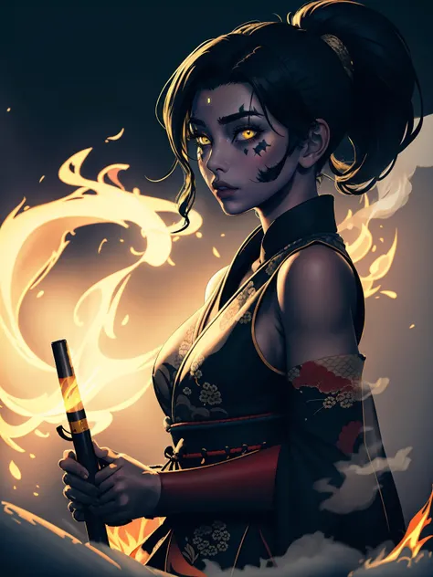 (best quality, masterpiece), 1girl, holding polearm, samurai, looking at viewer, high ponytail, <lora:sciamano240:0.8> sciamano240 <lora:backlight_slider_v10:-1.5>, fog, fiery background, smoke, night, KokoaAisu, furrowed brow, glowing eyes, yellow eyes, furrowed brow, serious, parted lips,