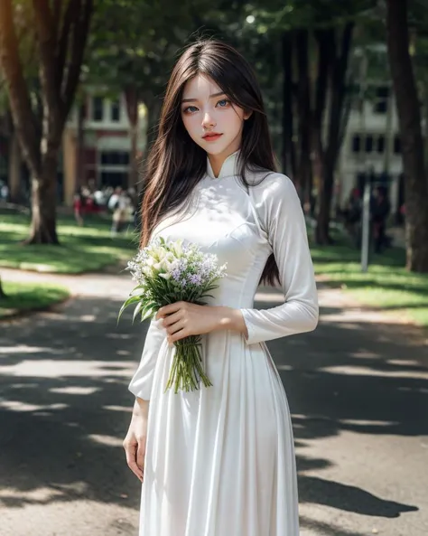 1girl, aodai yellow dress, art photo, (flower: 1.2), a beautiful photo with beautiful saturation, ultra high resolution, ((actual: 1.4)), deep shadow, (best quality, masterpiece), white skin, low light, shade, confused, blushing, high detail, skinny, big breasts, depth of field BREAK, film grain, wrinkled skin, looking at the viewer, knees, warm smile, (upper body: 1.2), masterpiece, surreal, 8k photo quality, extremely detailed 8k unity CG wallpaper, best quality, model-following detail, detailed hands, detailed face, detailed hair, detailed human hands,