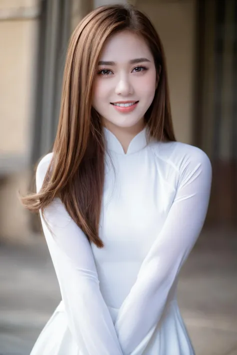 girlvn01, 1girl, smile, aodai white, photo art, flower, a stunning photo with beautiful saturation, ultra high res,(realistic:1.4)),deep shadow,(best quality, masterpiece), pale skin, dimly lit, shade, flustered, blush, highly detailed, skinny, BREAK depth of field, film grain, wrinkled skin, looking at viewer, knee, warm smile, (upper body), masterpiece,ultra realistic,32k,extremely detailed CG unity 8k wallpaper, best quality <lora:girlvn01_SDLifr_Chiasedamme_v1.0:0.6>  <lora:aodai_white_SD_chiasedamme_v01:0.6> <lora:add_detail:0.2> <lora:more_details:0.2>