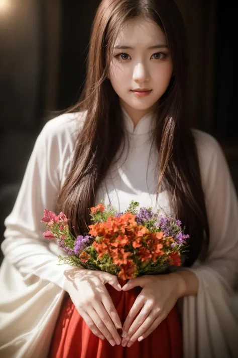 1girl, aodai white, photo art, (flower), <lora:aodai_white_SD_chiasedamme_v01:0.7>, a stunning photo with beautiful saturation, ultra high res,(realistic:1.4)),deep shadow,(best quality, masterpiece), pale skin, dimly lit, shade, flustered, blush, highly detailed, skinny, BREAK depth of field, film grain, wrinkled skin, looking at viewer, knee, warm smile, (upper body), masterpiece,ultra realistic,32k,extremely detailed CG unity 8k wallpaper, best quality