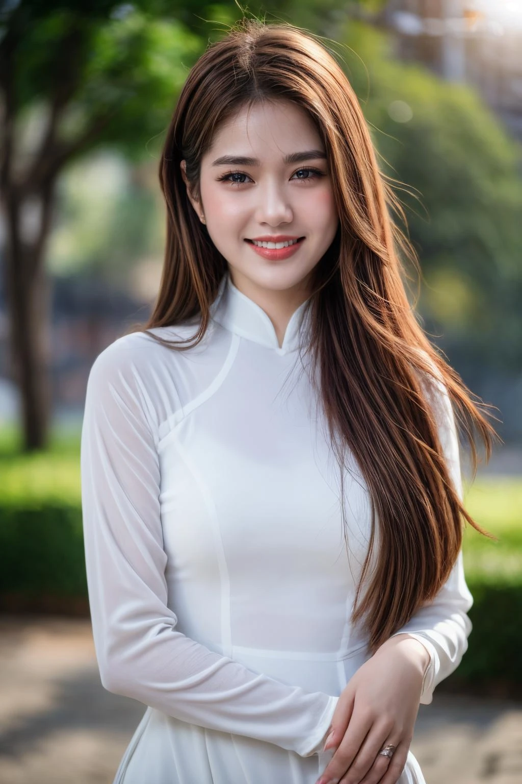 girlvn01, 1girl, smile, aodai yellow, photo art, flower, a stunning photo with beautiful saturation, ultra high res,(realistic:1.4)),deep shadow,(best quality, masterpiece), pale skin, dimly lit, shade, flustered, blush, highly detailed, skinny, BREAK depth of field, film grain, wrinkled skin, looking at viewer, knee, warm smile, (upper body), masterpiece,ultra realistic,32k,extremely detailed CG unity 8k wallpaper, best quality <lora:girlvn01_SDLifr_Chiasedamme_v1.0:0.5> <lora:aodai_white_SD_chiasedamme_v01:0.2> <lora:add_detail:0.3> <lora:more_details:0.3> <lora:aodai_SD_chiasedamme_v02:0.4>