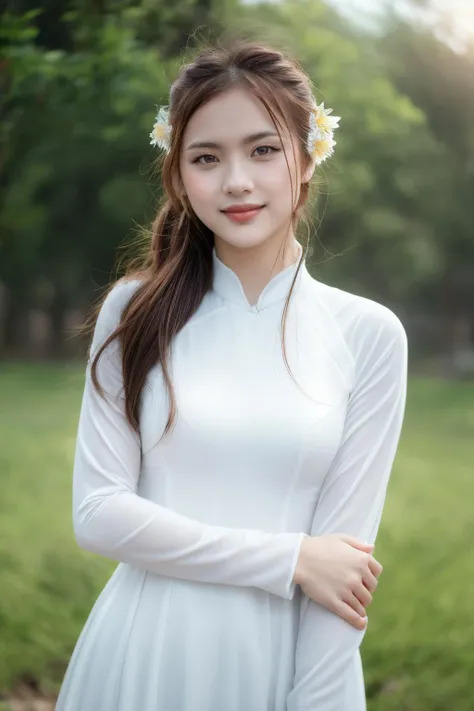 girlcuchoami, 1girl, smile, aodai white, photo art, flower, a stunning photo with beautiful saturation, ultra high res,(realistic:1.4)),deep shadow,(best quality, masterpiece), pale skin, dimly lit, shade, flustered, blush, highly detailed, skinny, BREAK depth of field, film grain, wrinkled skin, looking at viewer, knee, warm smile, (upper body), masterpiece,ultra realistic,32k,extremely detailed CG unity 8k wallpaper, best quality <lora:aodai_white_SD_chiasedamme_v01:0.6> <lora:add_detail:0.2> <lora:more_details:0.2> <lora:girlcuchoami_SDLife_Chiasedamme_v1.0:0.5>