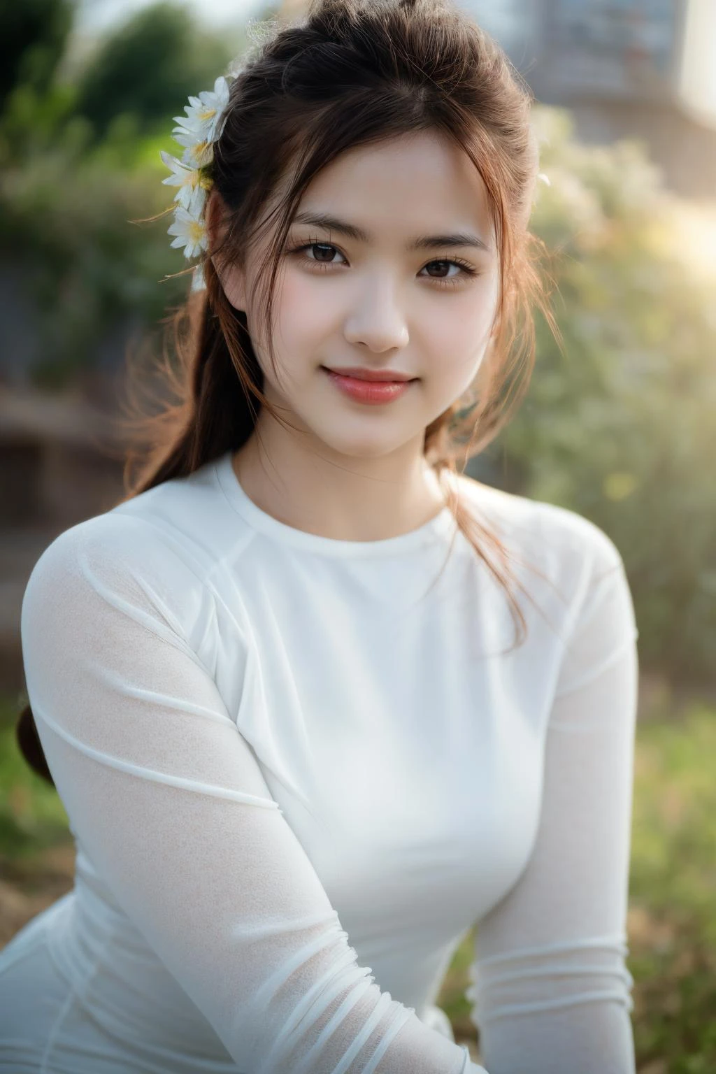 girlcuchoami, 1girl, smile, aodai white, photo art, flower, a stunning photo with beautiful saturation, ultra high res,(realistic:1.4)),deep shadow,(best quality, masterpiece), pale skin, dimly lit, shade, flustered, blush, highly detailed, skinny, BREAK depth of field, film grain, wrinkled skin, looking at viewer, knee, warm smile, (upper body), masterpiece,ultra realistic,32k,extremely detailed CG unity 8k wallpaper, best quality <lora:aodai_white_SD_chiasedamme_v01:0.6> <lora:add_detail:0.2> <lora:more_details:0.2> <lora:girlcuchoami_SDLife_Chiasedamme_v1.0:0.5>