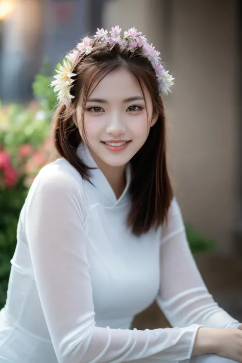 girlvn01, 1girl, smile, aodai white, photo art, flower, a stunning photo with beautiful saturation, ultra high res,(realistic:1.4)),deep shadow,(best quality, masterpiece), pale skin, dimly lit, shade, flustered, blush, highly detailed, skinny, BREAK depth of field, film grain, wrinkled skin, looking at viewer, knee, warm smile, (upper body), masterpiece,ultra realistic,32k,extremely detailed CG unity 8k wallpaper, best quality <lora:aodai_white_SD_chiasedamme_v01:0.6> <lora:add_detail:0.2> <lora:more_details:0.2> <lora:girlcuchoami_SDLife_Chiasedamme_v1.0:0.6>