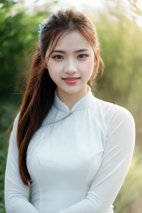 girlcuchoami, 1girl, smile, aodai white, photo art, flower, a stunning photo with beautiful saturation, ultra high res,(realistic:1.4)),deep shadow,(best quality, masterpiece), pale skin, dimly lit, shade, flustered, blush, highly detailed, skinny, BREAK depth of field, film grain, wrinkled skin, looking at viewer, knee, warm smile, (upper body), masterpiece,ultra realistic,32k,extremely detailed CG unity 8k wallpaper, best quality  <lora:aodai_white_SD_chiasedamme_v01:0.6> <lora:add_detail:0.2> <lora:more_details:0.2>  <lora:girlcuchoami_SDLife_Chiasedamme_v1.0:0.5>