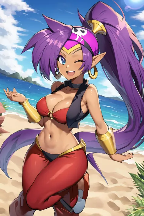 shantae \(pirate\), 1girl, solo, one eye closed, pointy ears, purple hair, smile, navel, dark skin, dark-skinned female, blue eyes, long hair, jewelry, open mouth, earrings, beach, very long hair, ;d, outdoors, harem pants, looking at viewer, pants, cleavage, o-ring, arm up, large breasts, choker, vest, o-ring top, ponytail, red footwear, bandana, stomach, midriff, high ponytail, bracer, bare shoulders, collarbone, thigh strap, red pants, shoes, open vest, vest, <lora:Shantae:0.75>