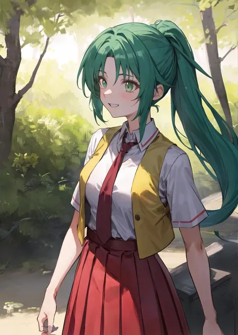 1girl, ponytail, green hair, (long hair), green eyes, school uniform, collared shirt, red necktie, yellow vest, open vest, red skirt, smile,
upperbody, standing,
<lora:SonozakiMion:0.5>, sonozaki mion,
countryside, field, tree, japanese village,
