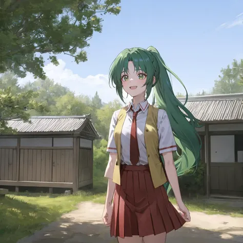 1girl, ponytail, green hair, (long hair), green eyes, school uniform, collared shirt, red necktie, yellow vest, open vest, red skirt, smile, long skirt, breasts
upperbody, standing,
<lora:SonozakiMion:0.5>, sonozaki mion,
countryside, field, tree, japanese village,