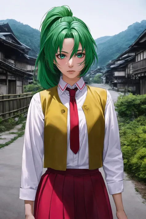 (Cinematic Digital Artwork:1.2) of (Realistic:1.3),(Surprising:1.3) best quality, masterpiece, 1girl, sonozaki mion, <lora:sonozakiMionHigurashi_v1:0.85>, ponytail, green hair, long hair, green eyes, school uniform, collared shirt, red necktie, yellow vest, open vest, red skirt, village(Shirakawa) background,,CGSociety,ArtStation