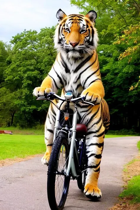 A tiger is riding a bicycle and strolling in the park