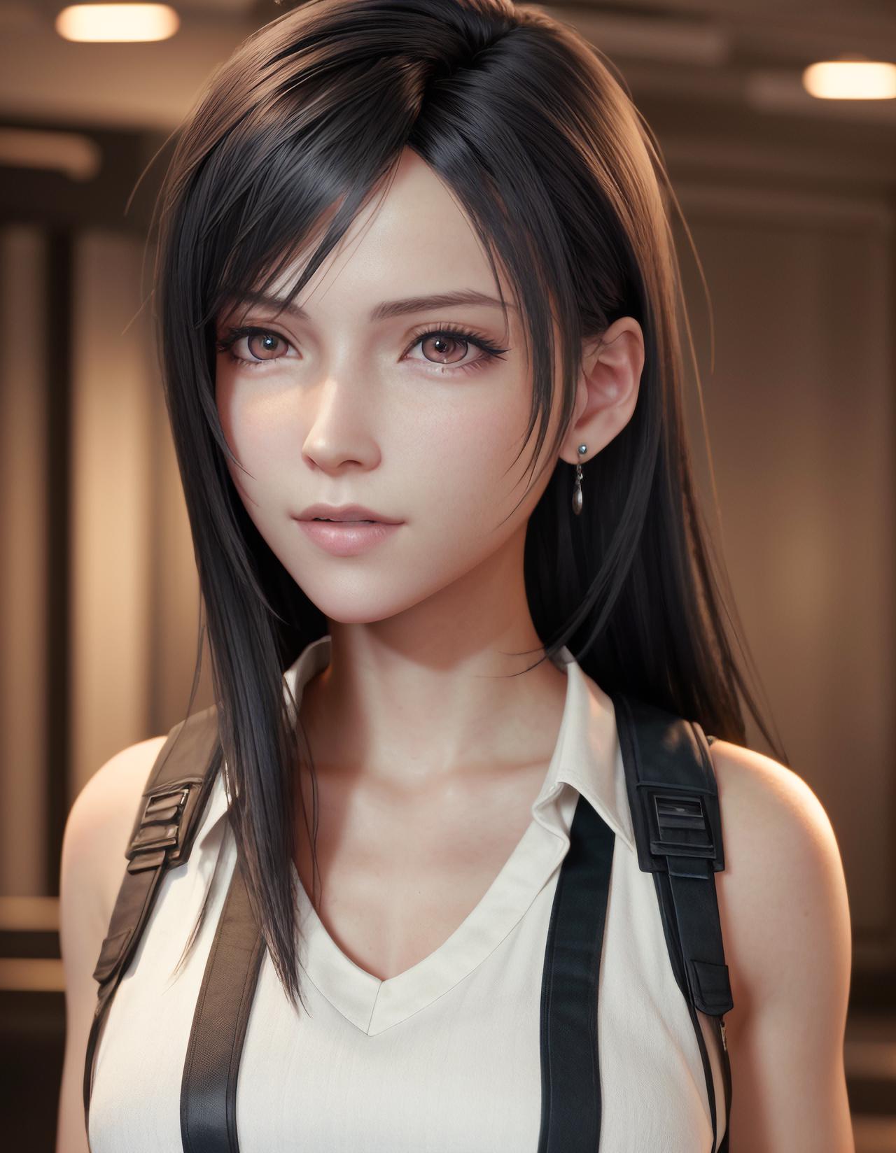 A woman with long black hair and a white shirt - SeaArt AI