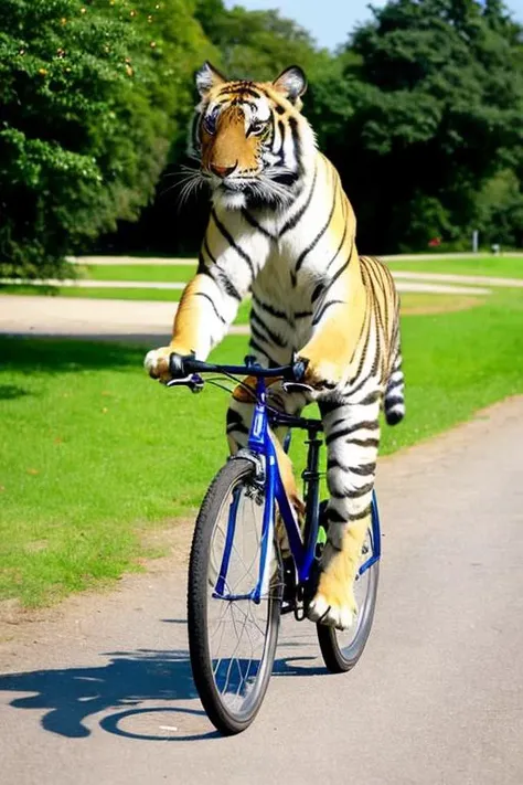 A tiger is riding a bicycle and strolling in the park