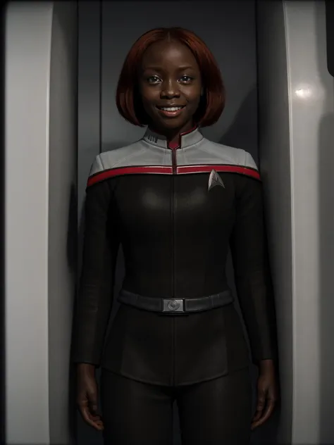 young african lady, solo,ginger, bob, smile,wearing (Stoddunf uniform:1.3)<lora:OdysseyUnf:0.8>, inside an airlock, poor lighting, night, darkness, portrait, sci fi