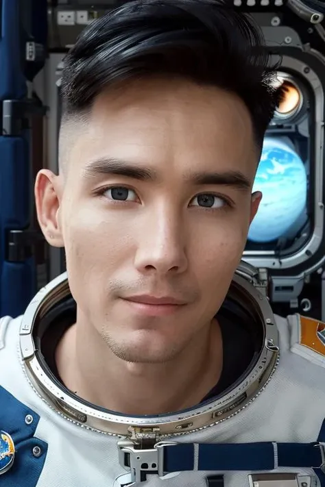 (8K, RAW, professional, best quality, masterpiece:1.2), (realistic, photorealistic:1.2), ultra-detailed, (highest detailed skin:1.2), (highest detailed face:1.2), 25 years old,  a man in a spacesuit, in space, lite smile, cinematic light <lora:pbalpha-000009:0.9>