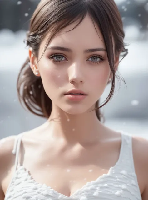 (fashion photography), (half body view), 1woman, natural skin texture, realistic eye and face details, detailed face, cinematic lighting, snowing, (8K, RAW photo, professional, best quality, masterpiece:1.2), (realistic, photorealistic:1.3), soft light