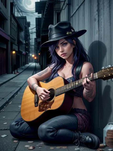 [ Demi Lovato|Jenny McCarthy-Wahlberg] , homeless busker, sitting in a dark alley playing guitar, hat on the ground with a few dollars in it, dollar bills, coins, ((Night, ambient soft moonlight)),