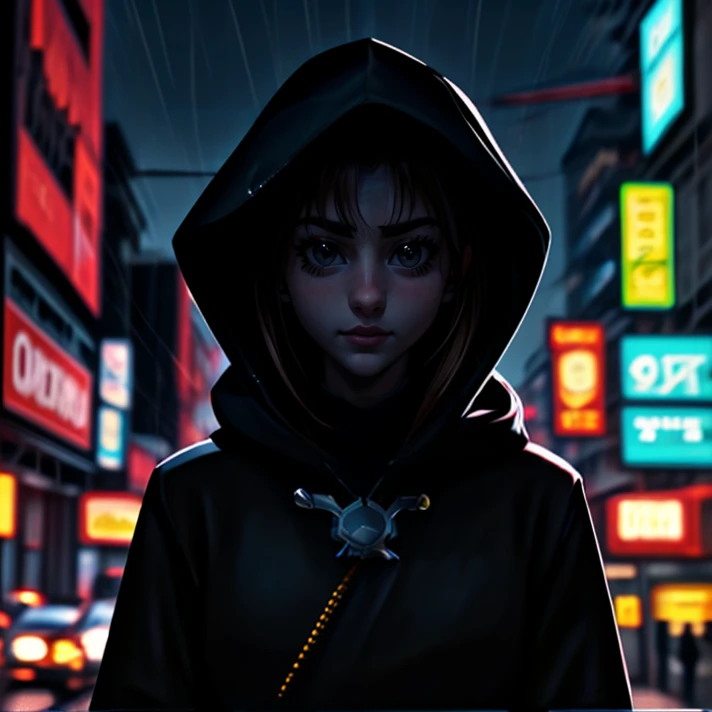 cinematic movie Poster featuring Chaya as a cyberpunk hermetic wizard wearing ornate hooded leather techrobes, neon light, weaving a neon spell pose, night, rain, cyberpunk street in the background, (masterpiece:1.2), best quality <lora:LORA-XenoDetailer-v3:0.75>