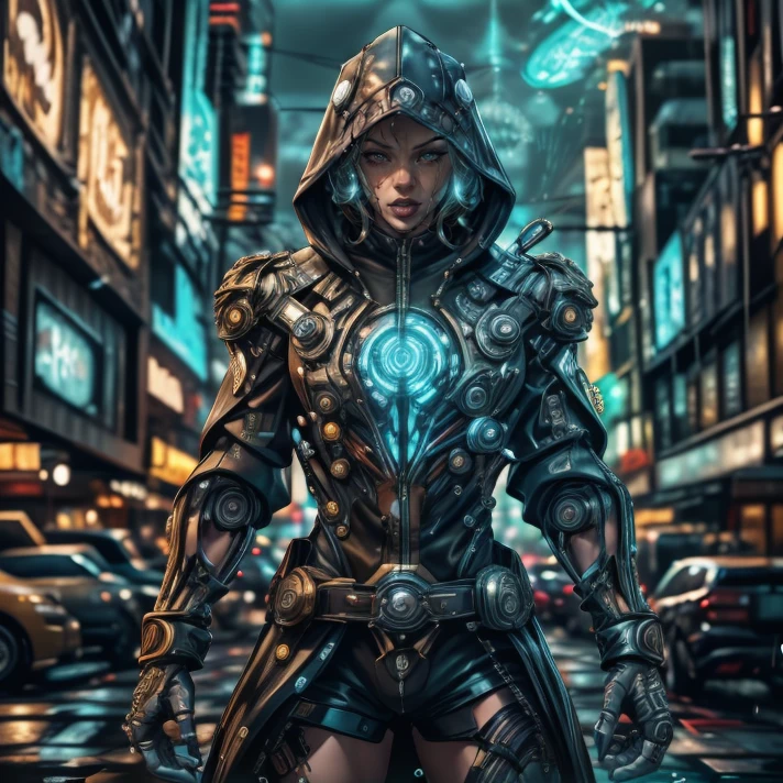 cinematic movie Poster featuring (Jessie_McSloot) as a cyberpunk hermetic wizard wearing ornate hooded leather techrobes, neon light, weaving a neon spell pose, night, rain, cyberpunk street in the background, (masterpiece:1.2), best quality <lora:LORA-XenoDetailer-v3:0.75> <lora:Clothing - Mechanical Armor:0.8> mech4rmor, glowing