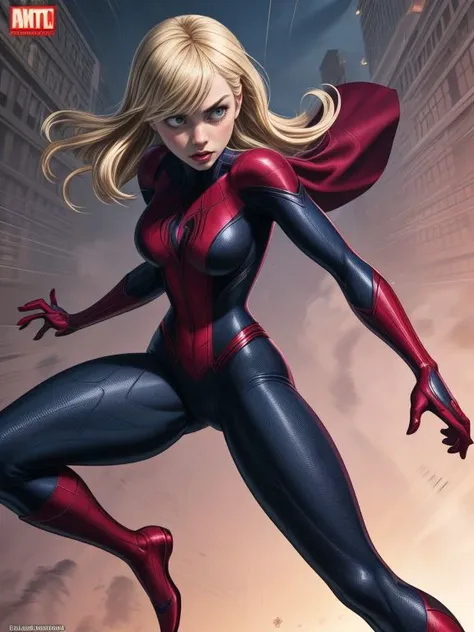 Dynamic Action Shot, Masterpiece Comic Book Cover, 
Gwen Stacy is Spiderwoman, 
 <lora:LORA-XenoDetailer-v3A:1>