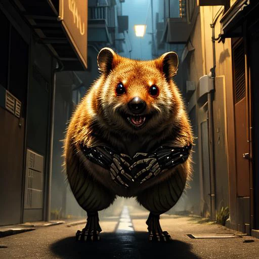 (masterpiece:1.3) Terrifying (cyber:1.4), predatory Quokka hunting in a sci-fi dark alley,High resolution
