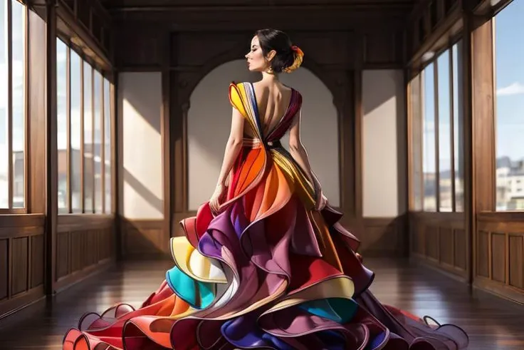 (high quality, best quality, sharp focus:1.3), at night, alienor_v2, waist up, dancing, small breasts,<lora:r4inb0w:0.8> r4inb0w, multicolored dress, multicolored gown, grand ballroom, high ceiling, high contrast, colorful light