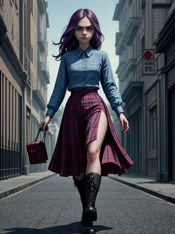 movie still from the ballpoint pen (medium) version of the Megan Man X Movie directed by bong joon-ho,
(Cara Delevingne:1.2), plaid skirt, chambray shirt, and ankle boots,
a time-traveling assassin alters history,
<lora:LORA-XenoDetailer-v3A:1>