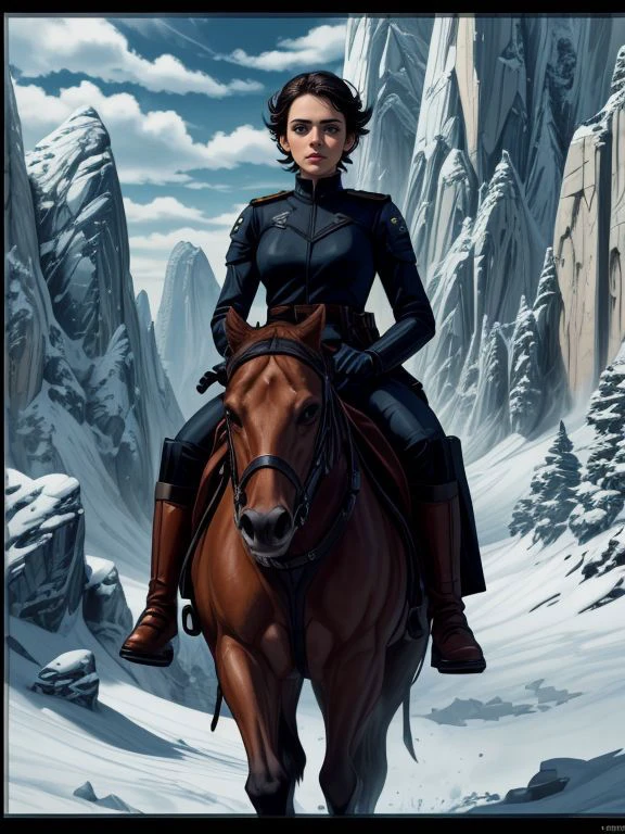 movie still from the symmetry version of the Star Wars: Episode V - The Empire Strikes Back (1980) Movie directed by david lynch,
(Emma Glover:1.2), officer-style tunic, jodhpurs, and tall riding boots,
A mountainous location full of jagged rocks and boulders,
<lora:LORA-XenoDetailer-v3A:1>